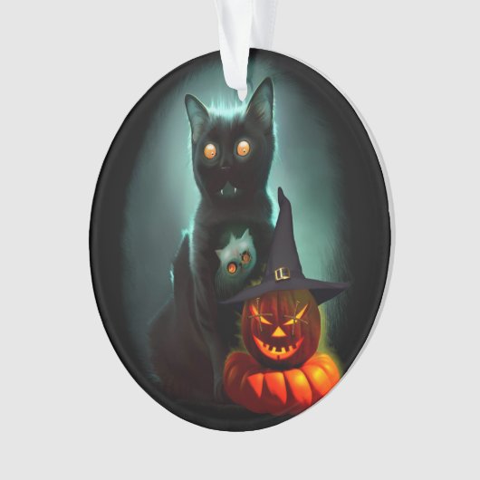 Vampire Cat and Wizard Pumpkin Halloween Surreal Ornament (Vorderseite)