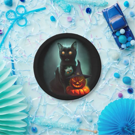 Vampire Cat and Wizard Pumpkin Halloween Surreal Pappteller (Party)