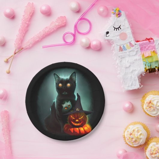 Vampire Cat and Wizard Pumpkin Halloween Surreal Pappteller (Party)