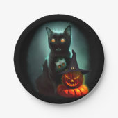 Vampire Cat and Wizard Pumpkin Halloween Surreal Pappteller (Vorderseite)