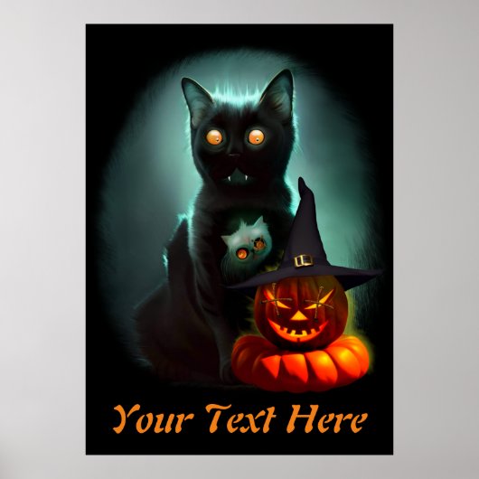 Vampire Cat and Wizard Pumpkin Halloween Surreal Poster (Vorne)