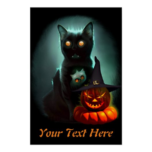 Vampire Cat and Wizard Pumpkin Halloween Surreal Poster (Vorderseite)