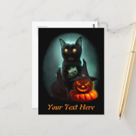 Vampire Cat and Wizard Pumpkin Halloween Surreal Postkarte