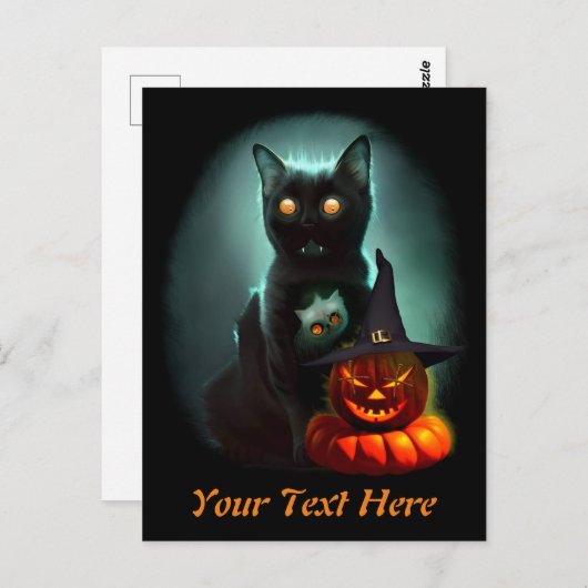 Vampire Cat and Wizard Pumpkin Halloween Surreal Postkarte (Vorne/Hinten)