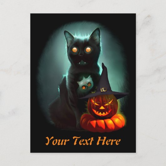 Vampire Cat and Wizard Pumpkin Halloween Surreal Postkarte (Vorderseite)