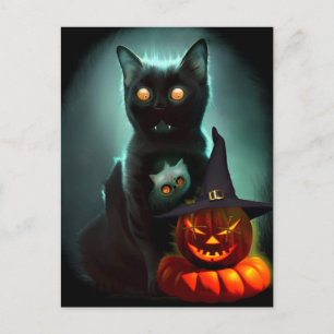 Vampire Cat and Wizard Pumpkin Halloween Surreal Postkarte