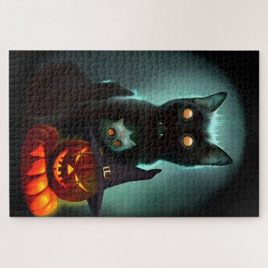 Vampire Cat and Wizard Pumpkin Halloween Surreal Puzzle (Horizontal)