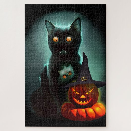 Vampire Cat and Wizard Pumpkin Halloween Surreal Puzzle (Vertikal)