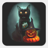 Vampire Cat and Wizard Pumpkin Halloween Surreal Quadratischer Aufkleber (Vorderseite)