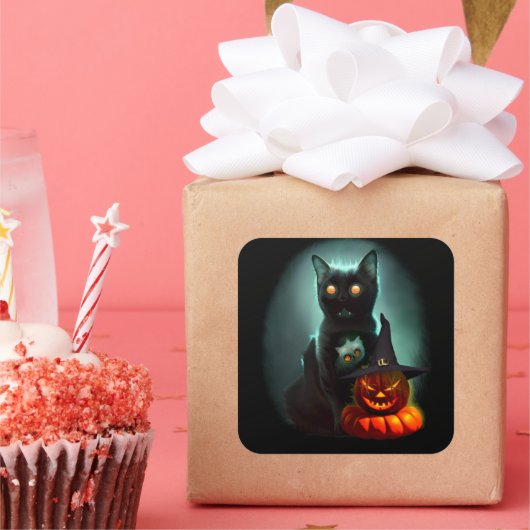 Vampire Cat and Wizard Pumpkin Halloween Surreal Quadratischer Aufkleber (Party)