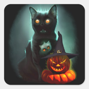 Vampire Cat and Wizard Pumpkin Halloween Surreal Quadratischer Aufkleber