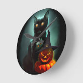 Vampire Cat and Wizard Pumpkin Halloween Surreal Runde Wanduhr (Winkel)