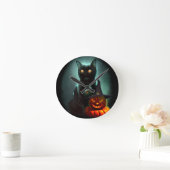 Vampire Cat and Wizard Pumpkin Halloween Surreal Runde Wanduhr (Zuhause)