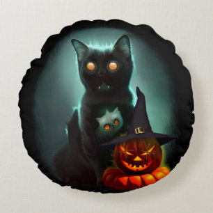 Vampire Cat and Wizard Pumpkin Halloween Surreal Rundes Kissen