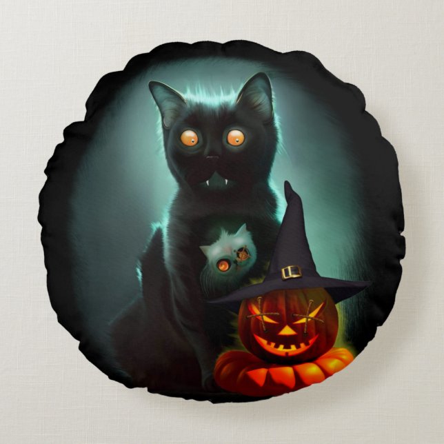 Vampire Cat and Wizard Pumpkin Halloween Surreal Rundes Kissen (Vorderseite)