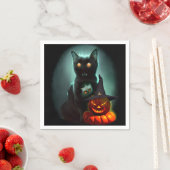Vampire Cat and Wizard Pumpkin Halloween Surreal Serviette (Beispiel)