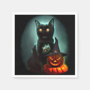 Vampire Cat and Wizard Pumpkin Halloween Surreal Serviette