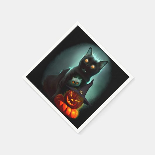 Vampire Cat and Wizard Pumpkin Halloween Surreal Serviette (Ecke)