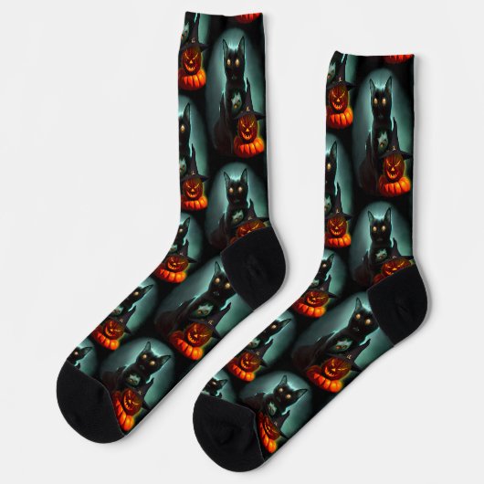 Vampire Cat and Wizard Pumpkin Halloween Surreal Socken (Linkes Detail)