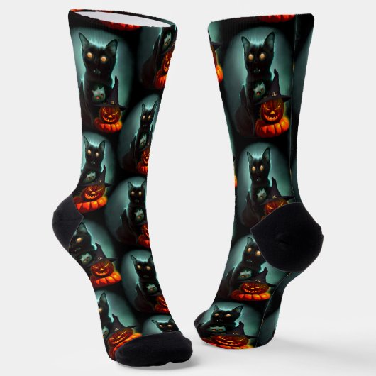 Vampire Cat and Wizard Pumpkin Halloween Surreal Socken (Gewinkelt)