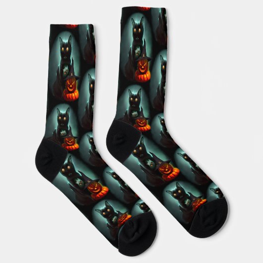 Vampire Cat and Wizard Pumpkin Halloween Surreal Socken (Rechts)