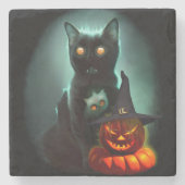 Vampire Cat and Wizard Pumpkin Halloween Surreal Steinuntersetzer (Vorderseite)