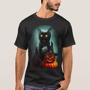 Vampire Cat and Wizard Pumpkin Halloween Surreal T-Shirt