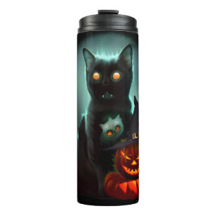 Vampire Cat and Wizard Pumpkin Halloween Surreal Thermosbecher