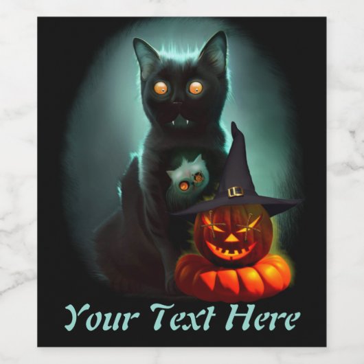 Vampire Cat and Wizard Pumpkin Halloween Surreal Weinetikett (Einzelnes Label)