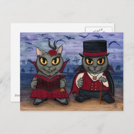 Vampire Cat Couple Gothic Friedhof Fantasy Art Pos Postkarte (Vorne/Hinten)