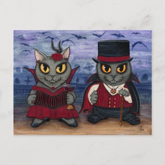 Vampire Cat Couple Gothic Friedhof Fantasy Art Pos Postkarte (Vorderseite)