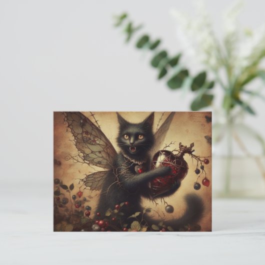 Vampire Cat Fairy Horror mit Flasche Postkarte (Stehend Vorderseite)