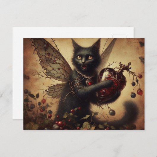 Vampire Cat Fairy Horror mit Flasche Postkarte (Vorne/Hinten)