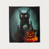 Vampire Cat und Wizard Pumpkin Halloween Surreal A Wandteppich (Vorderseite)