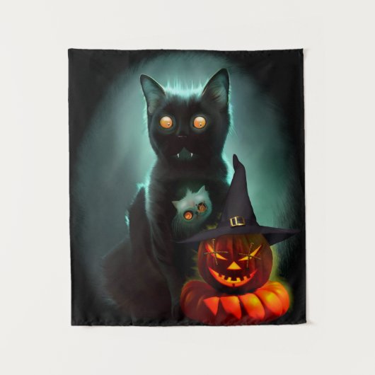 Vampire Cat und Wizard Pumpkin Halloween Surreal A Wandteppich (Vorderseite)