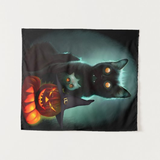 Vampire Cat und Wizard Pumpkin Halloween Surreal A Wandteppich (Vorderseite (Horizontal))