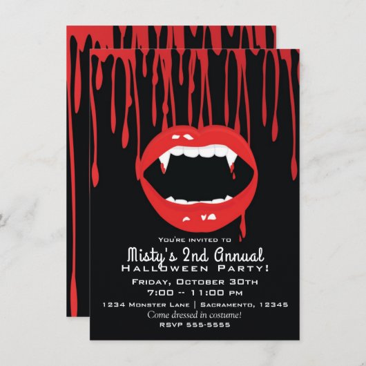 Vampire Fangs & Blood Dracula Halloween Einladung (Vorne/Hinten)