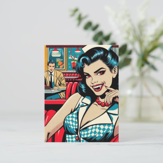 Vampire im Retro Diner Postkarte (Stehend Vorderseite)
