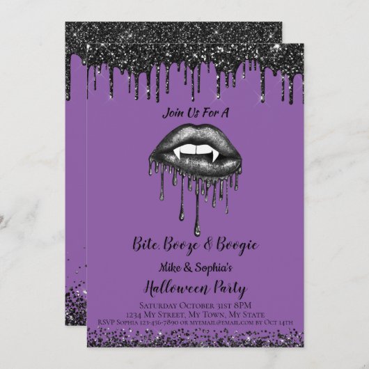Vampire Lila Glitzer Lippen Erwachsene Halloween-P Einladung (Vorne/Hinten)