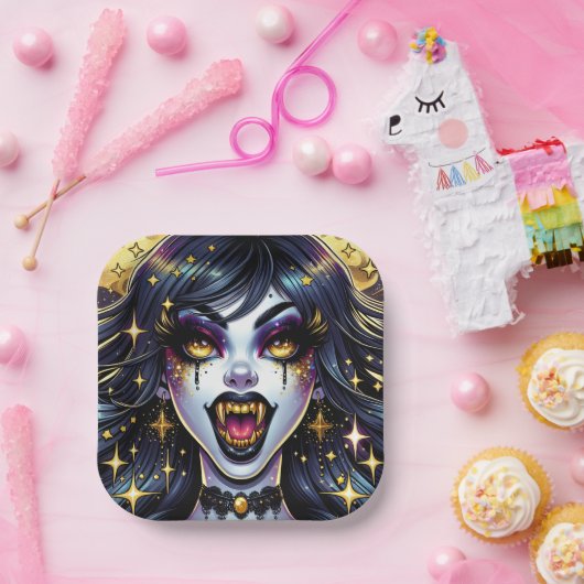 Vampire mit Goldfangs Vollmond-Halloween-Party Pappteller (Party)