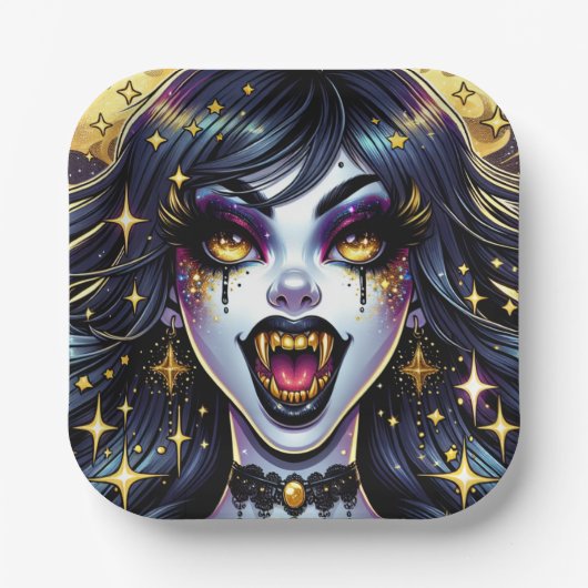 Vampire mit Goldfangs Vollmond-Halloween-Party Pappteller (Vorderseite)