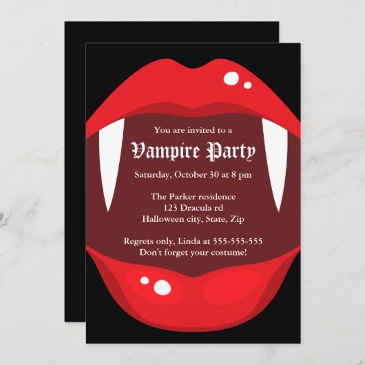 Vampire-Party Einladung mit Reißzähnen und roten L (Vorne/Hinten)