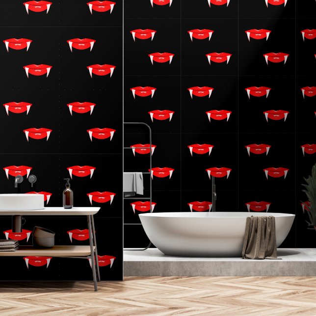 Vampire Red Lips benutzerdefinierte Farbe Schwarz Tapete (Badezimmer)