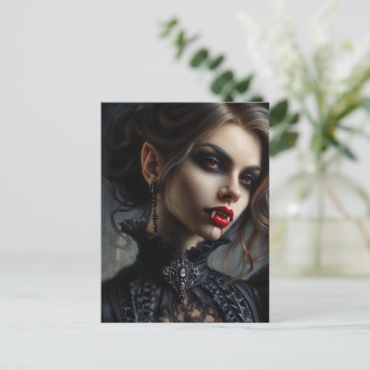 Vampire Woman With Fangs Gothic Portrait Postkarte (Stehend Vorderseite)