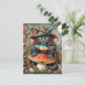 Vampirkatze mit Fisch auf einem Pilz Postkarte (Stehend Vorderseite)