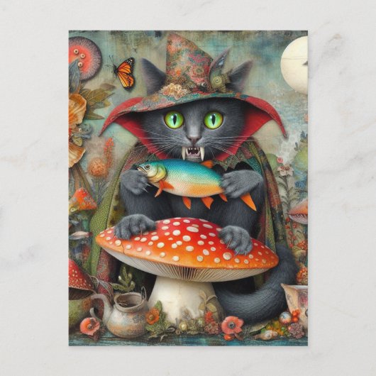 Vampirkatze mit Fisch auf einem Pilz Postkarte (Vorderseite)