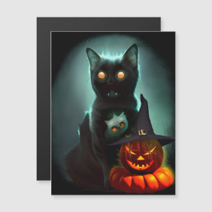 Vampirkatze und Zauberer-Kürbis Halloween Surreal Magnetkarte