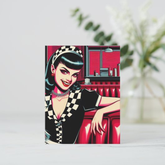 Vampirkellner im Retro Diner Postkarte (Stehend Vorderseite)