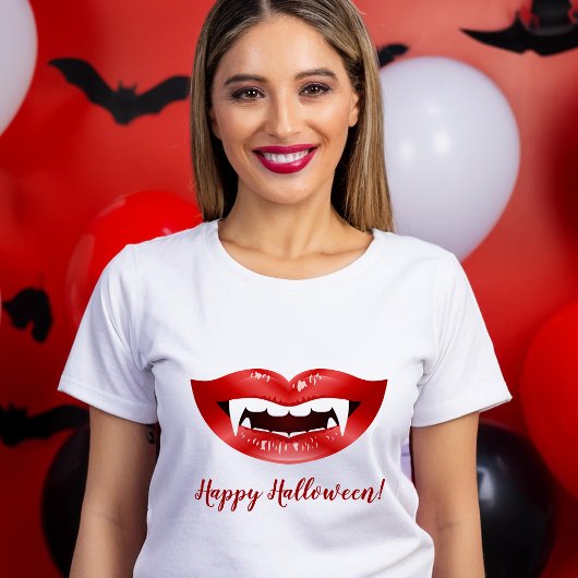 Vampirlippen, roter Mund mit Fangs glückliches Hal T-Shirt