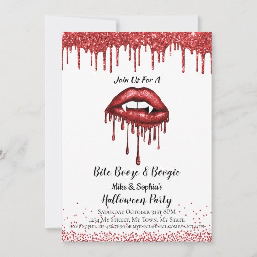 Vampirrote Glitzer Lippen Halloween-Party weiß Einladung (Vorderseite)